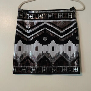 Express Geometric Patterned Sequin Mini Skirt Black and Silver Size Medium
